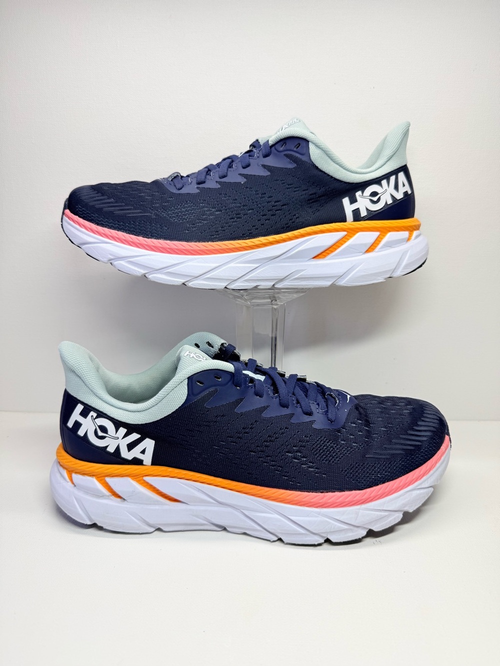 Hoka CLIFTON 7 Navy Blue Sneakers with Coral and Orange Accents